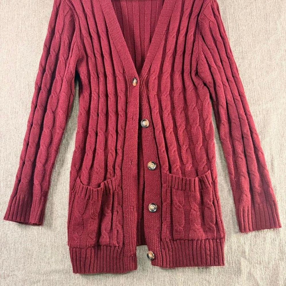 Burgundy Cable Knit Button Front Longline Cardigan Sweater - Size S